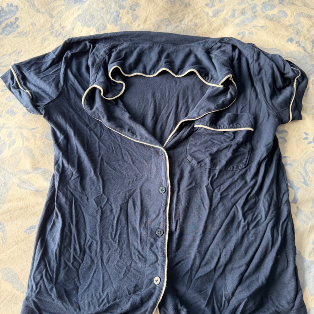 Navy Blue Short Sleeve Button-Up Pajama Top with Contrast Trim